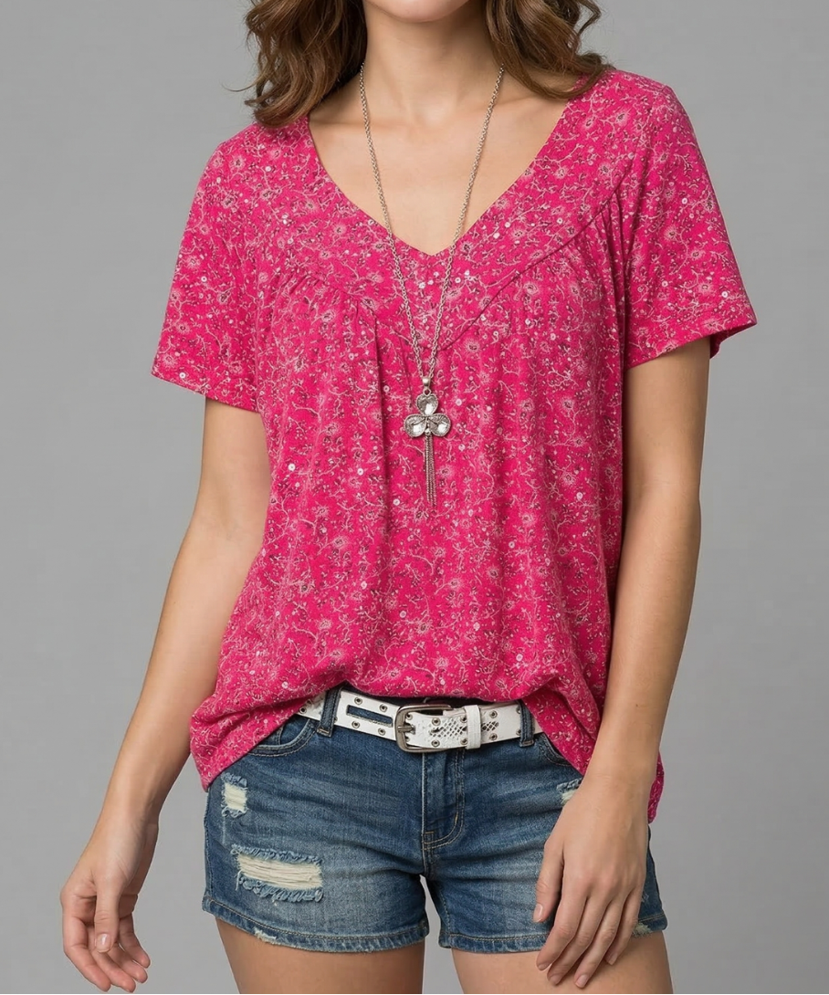 Yena™ - Flora-T-Shirt mit V-Ausschnitt